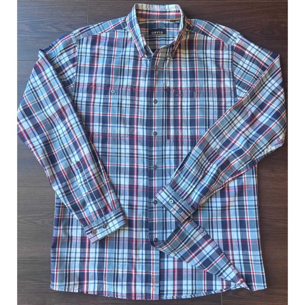 Orvis Mens Plaid Button Down Shirt Blue Red White Long Sleeve Medium RN 70534